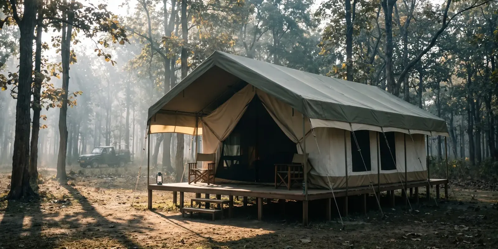 Tenda di tela su una piattaforma di legno rialzata, nel bosco di teak di Pench avvolto dalla foschia del mattino