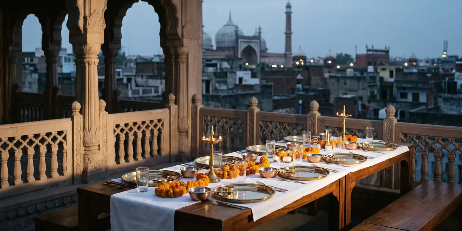 Tavola apparecchiata con thali d'ottone e lampade accese sulla terrazza di un haveli, con le cupole della Jama Masjid al tramonto
