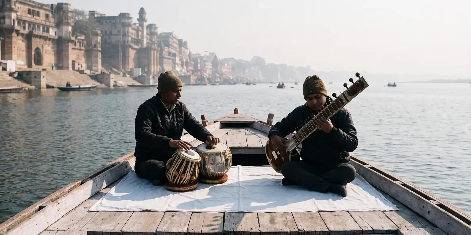 Due musicisti con tabla e sitar su una barca di legno sul Gange, nella foschia del mattino davanti ai ghat di Varanasi