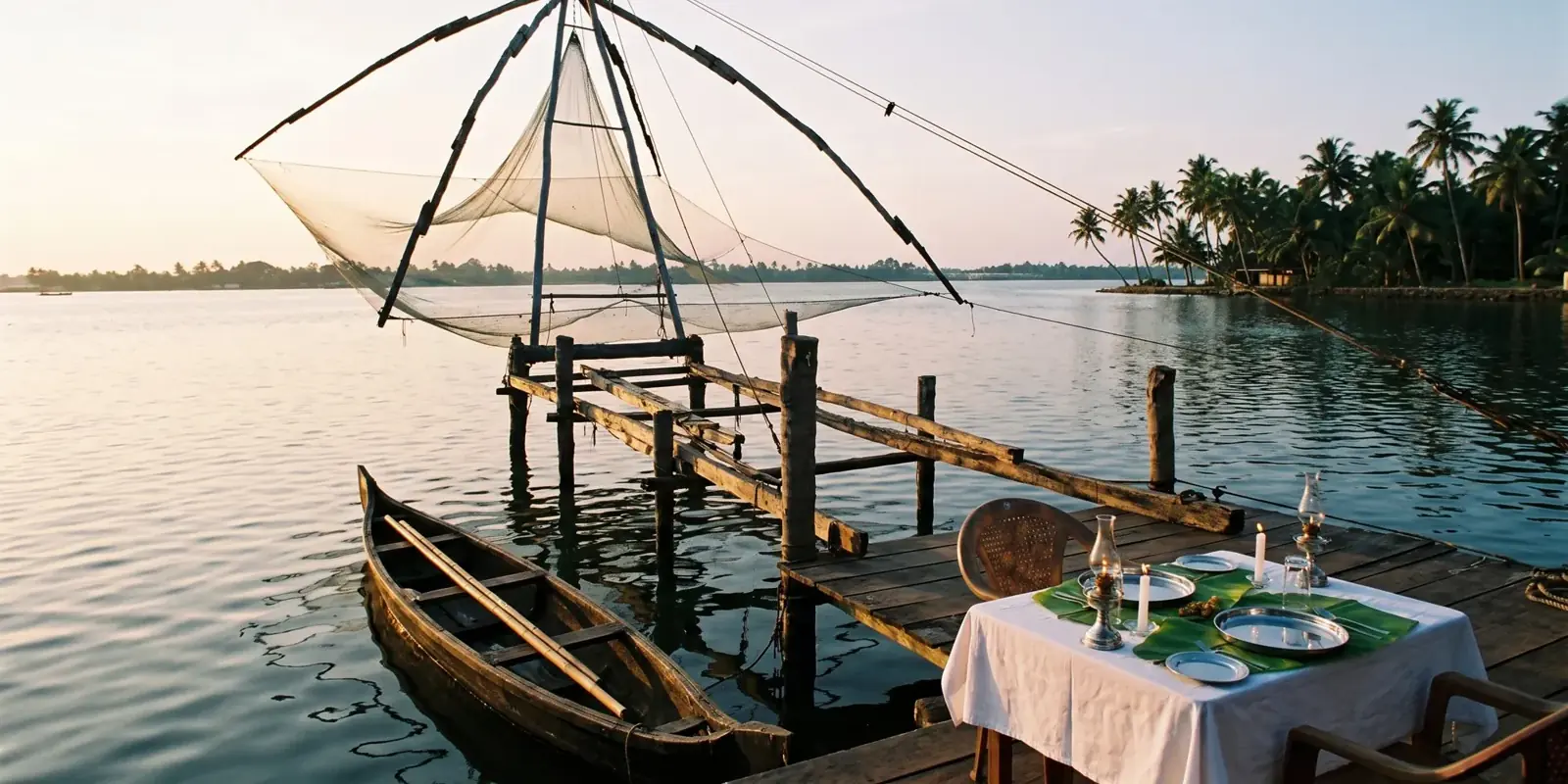 Una rete da pesca cinese sulla laguna al tramonto, con la tavola apparecchiata sulla piattaforma di legno e la barca a pertica ormeggiata accanto