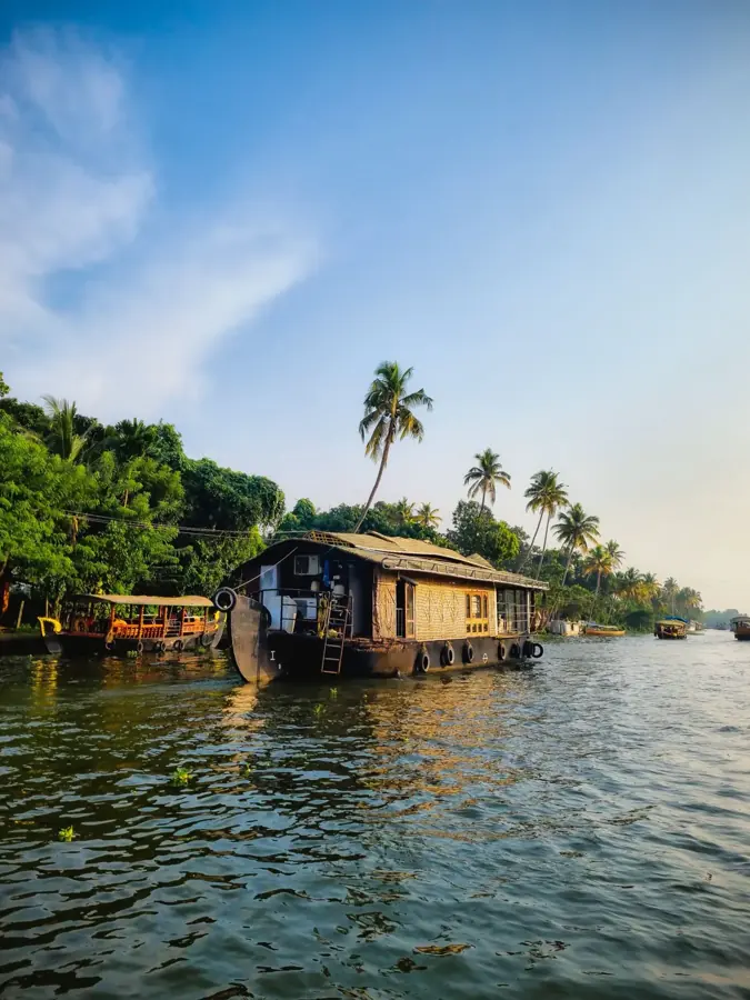 Houseboat dal tetto di paglia su un ampio canale delle backwaters, palme sulla riva e luce dorata
