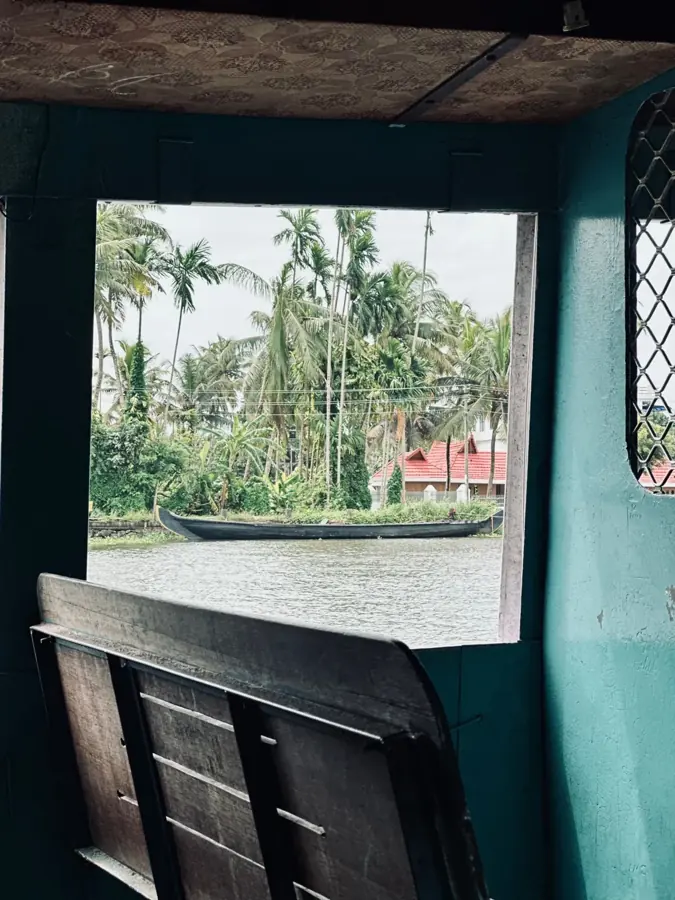 Le palme e una canoa sulla riva viste dal finestrino di legno di una barca