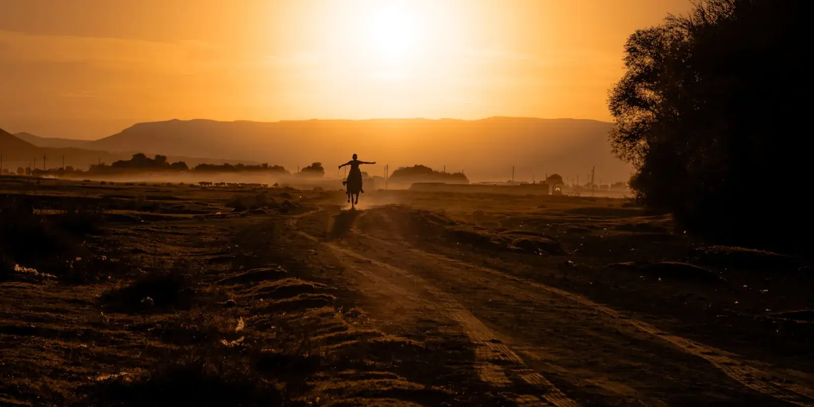Un cavaliere in controluce su una pista polverosa di campagna, con il sole basso sulle colline